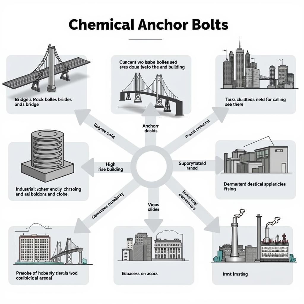 Ứng Dụng Bu Lông Hóa Chất: Hình ảnh minh họa việc sử dụng bu lông hóa chất trong các công trình xây dựng khác nhau như cầu đường, nhà cao tầng và nhà xưởng công nghiệp.