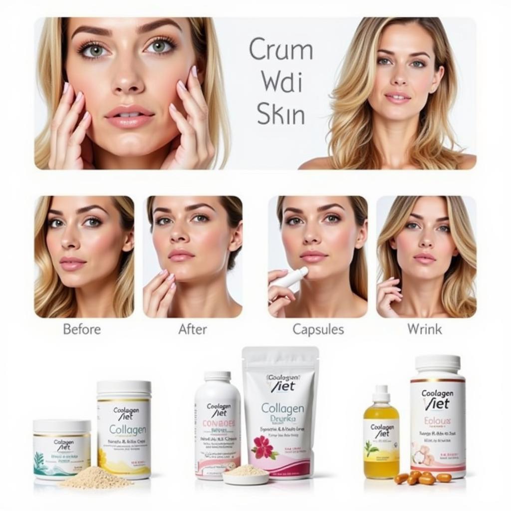 Ứng dụng của collagen trong làm đẹp: Hình ảnh minh họa các sản phẩm collagen của Colagen Việt và hiệu quả trên da.