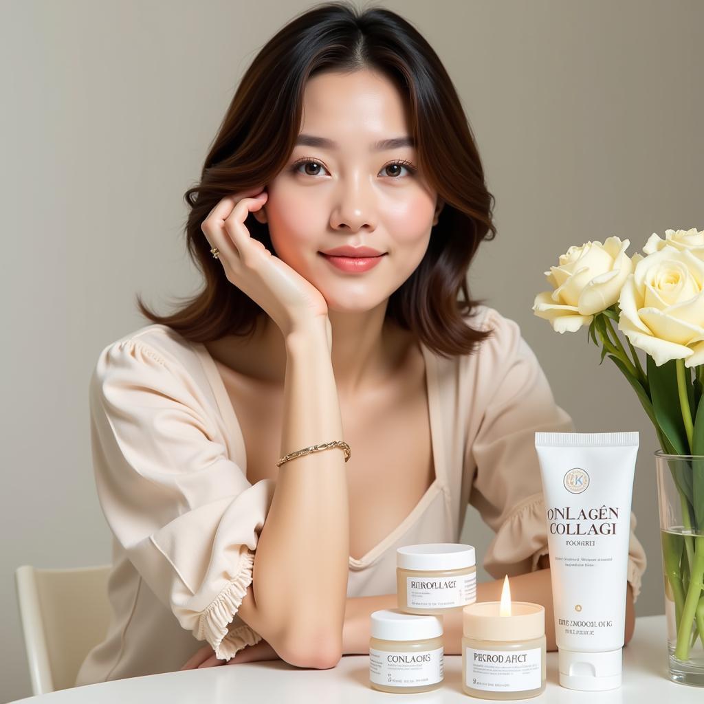 Hình ảnh minh họa về Hồ Ngọc Hà và sản phẩm collagen, thể hiện sự kết hợp giữa vẻ đẹp và công nghệ làm đẹp tiên tiến.